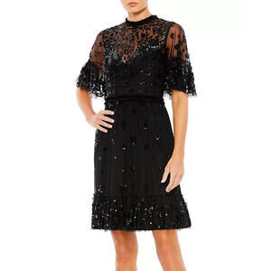 NEW, Mac Duggal Embellished Illusion High Neck Mini Dress in Black Sz 16 #MD1519